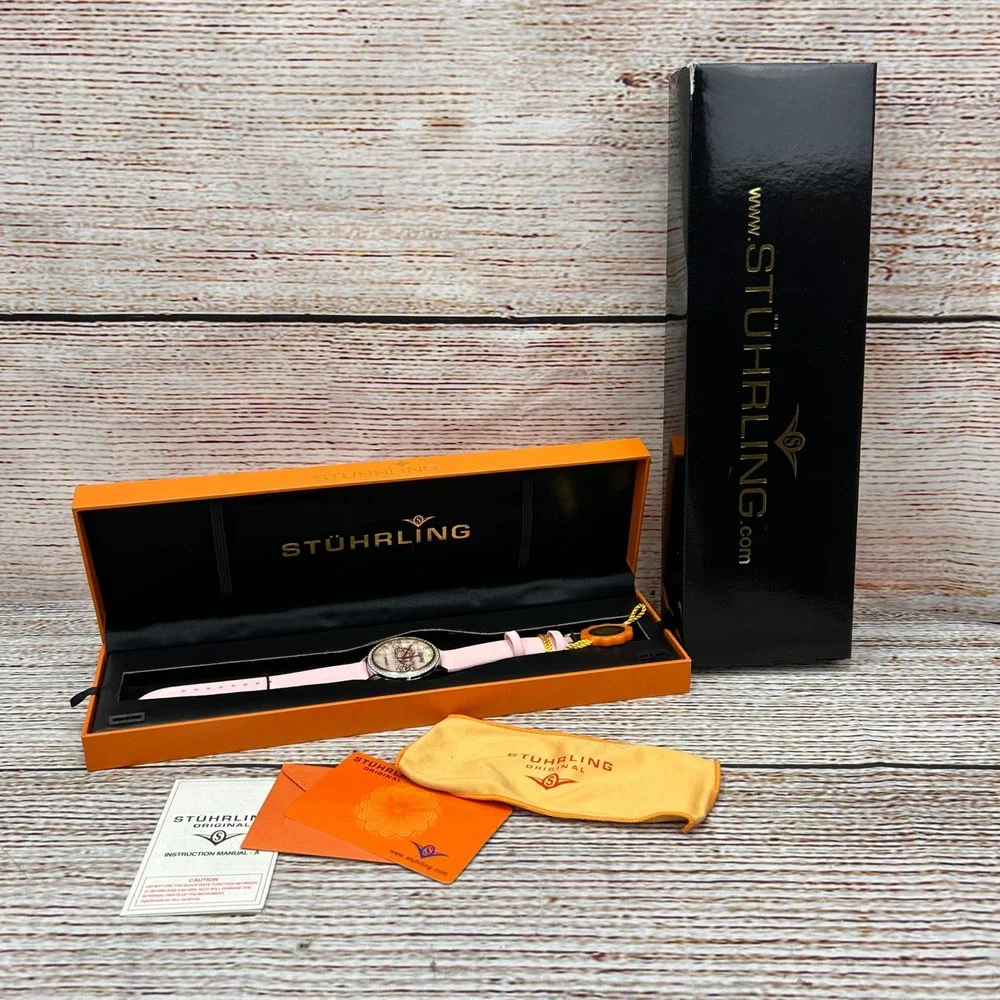 Stuhrling Original Ladies Pink Leather Watch Mother of Pearl Love Heart Dial NIB